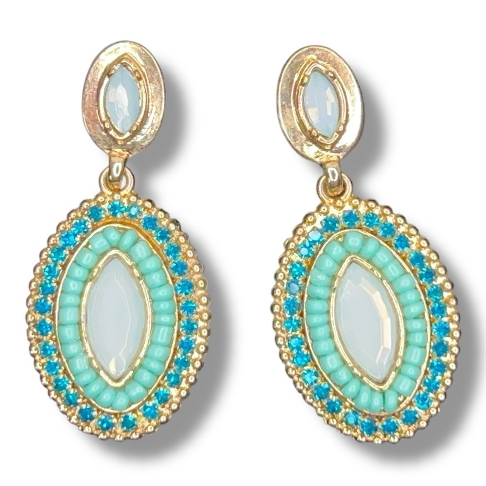 Gold Teal Beaded Earrings Tribal Boho Bohemian Blue Rhinestone Colorful Accent